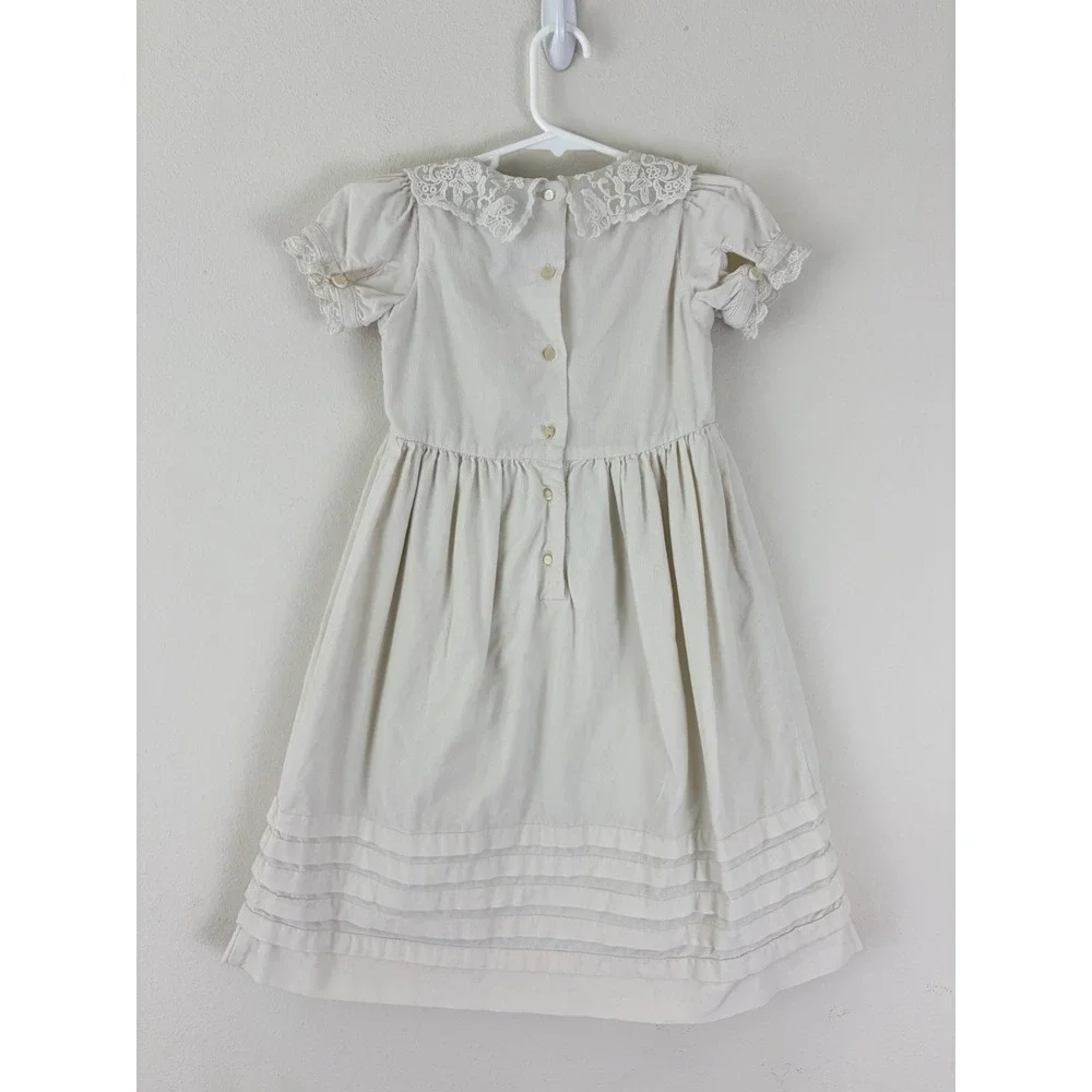 Ralph Lauren Girls Cream Corduroy Lace Collar Dress Size 4 Pintuck Hem Holiday